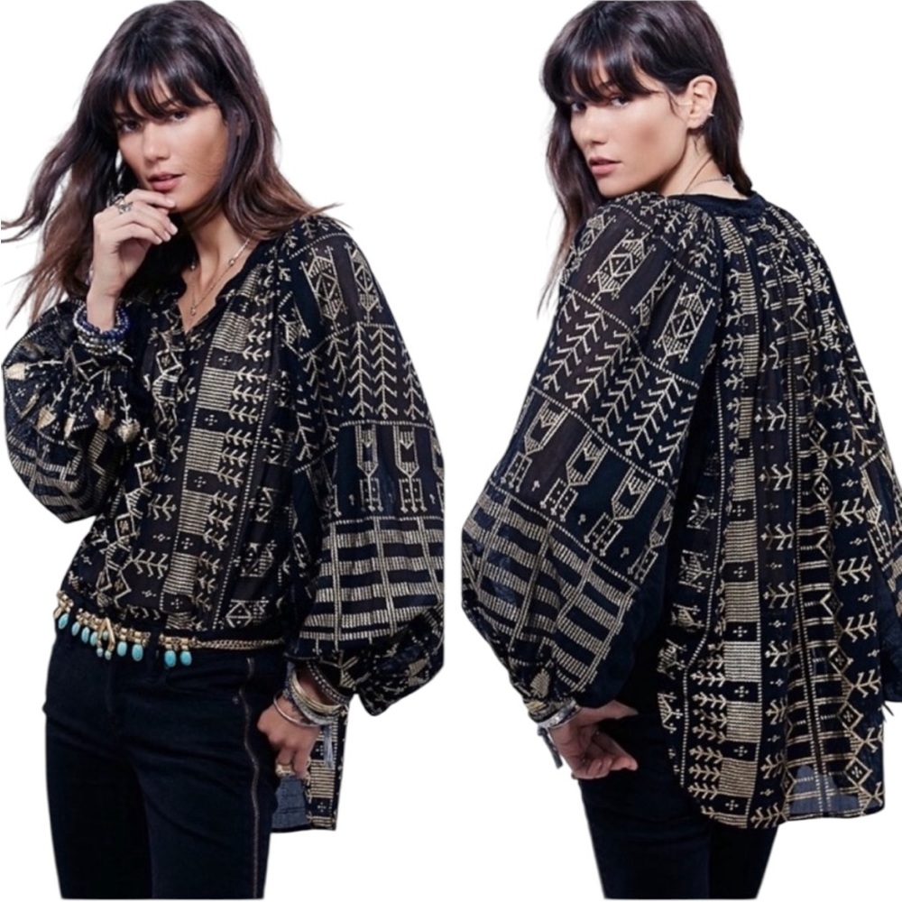 Free People Palacio Black Metallic Gold Print Button Down Puff Sleeve Blouse - M